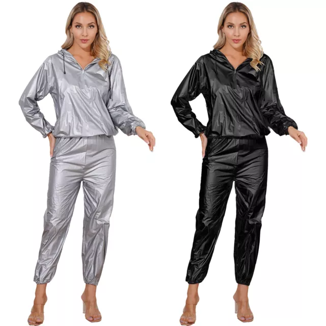 Womens Heavy Duty Sauna Suit Weight Loss Fitness Sweat Gym Hooded Top Pants Sets