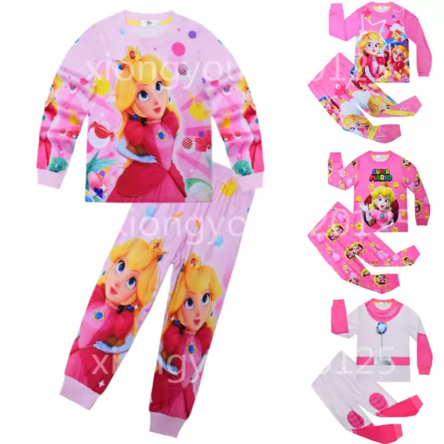 Kids Girls Mario Peach Princess Pyjamas Nightwear Loungewear Tops Pants PJs Set