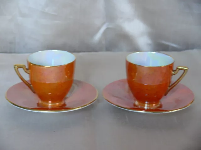 W&R Carlton Ware : Pair of Mottled Orange and Gold Lustre Coffee Duos : Art Deco