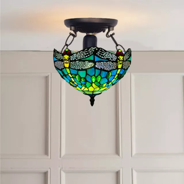 Green Tiffany Dragonfly Ceiling Lamp 10 inch Stained Glass Shade Antique Style