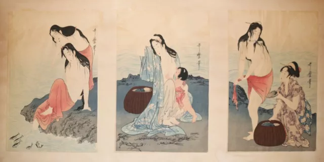 tryptic antique original Japanese Kitagawa Utamaro abalone diver woodblock print