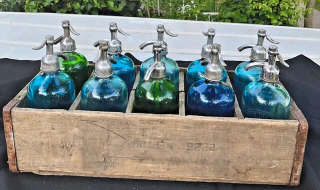 Case Of Ten Blue And Green Vintage Seltzer Bottles With Crate