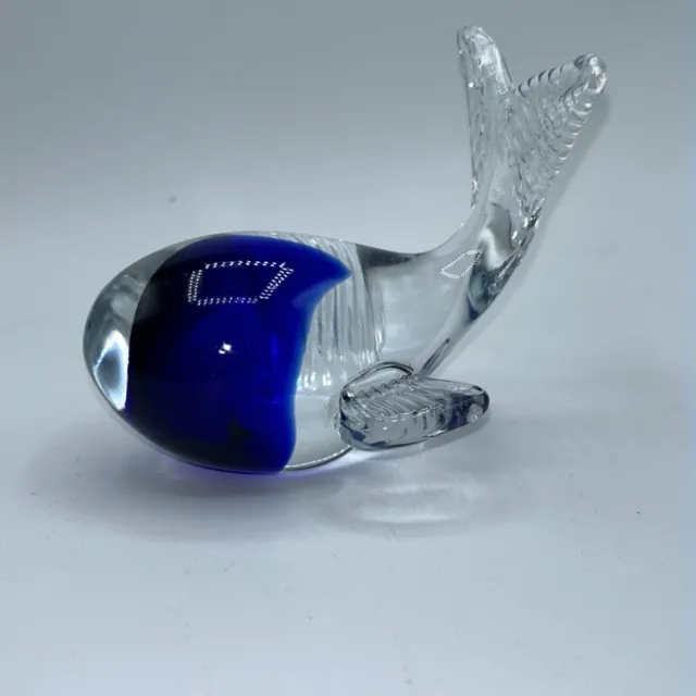 Hand Blown Cobalt Blue And Clear Art Glass Whale Paperweight Figurine