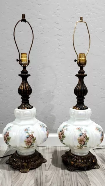 Vintage Table Parlor Lamp Bubble Glass Brass Light Floral Design 30.5" 3