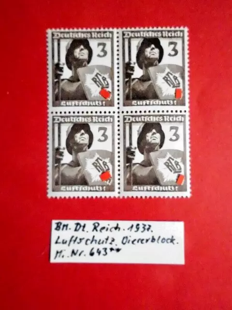 BM. Briefmarken Deutsches Reich 1937 Luftschutz Mi. Nr. 643 ** Viererblock