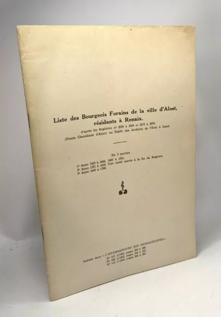 Liste des Bourgeois Forains de la ville d'Alost résidants à Renaix d'après