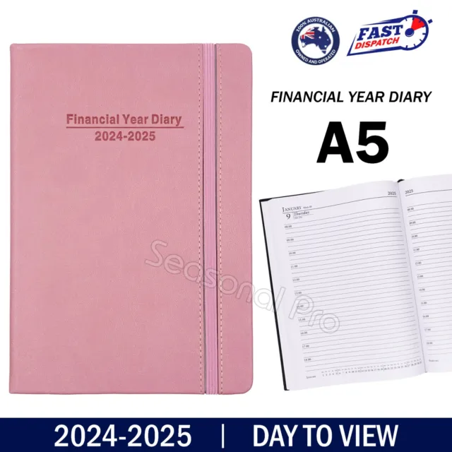 2024 2025 Financial Year Diary Day To View A5 Hard Cover Elastic Planner Pink