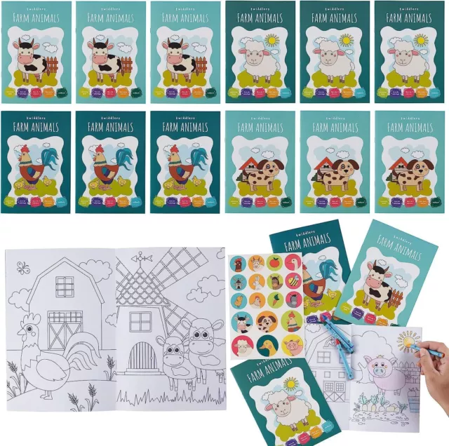 12 Mini Malbücher für Kinder DIN A5 Bauernhof +Sticker & 48 Buntstifte Mitgebsel