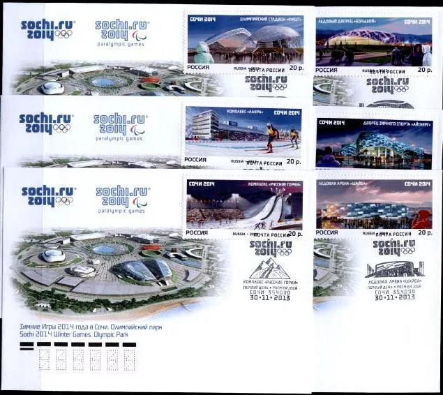 Sportanlagen der Olympischen Winterspiele, Sotschi. 6 FDC. Sotschi. Rußland 2013