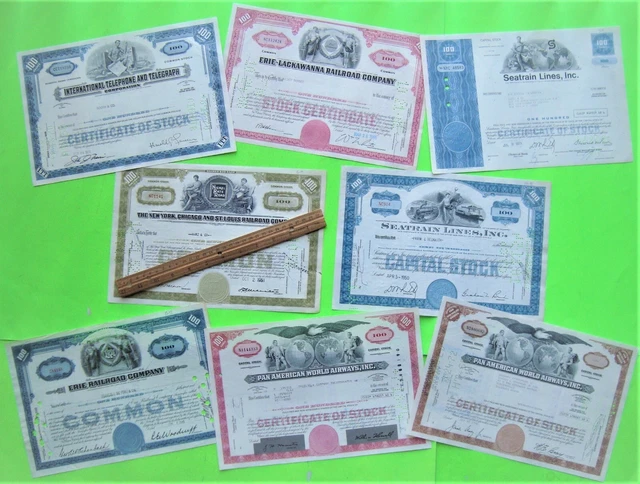 Lot/8 Diff 1950's - 70's OLD STOCK CERTIFICATES Seatrain PAN AM Railroads IT&T