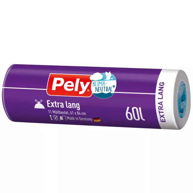 Pely Klimaneutral Müllbeutel 60 L Extra Lang mit Zugband 11 Stück