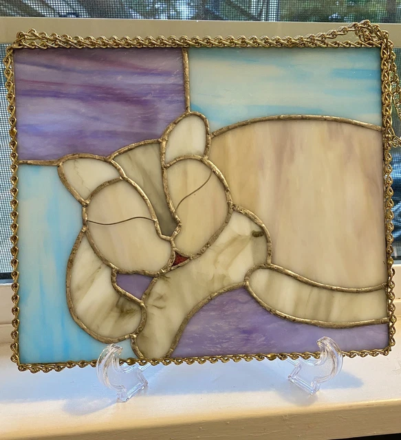 Vintage Gray Cat Purple & Blue Stained Glass Sun Catcher Wall Hanging 9”x 7.75”