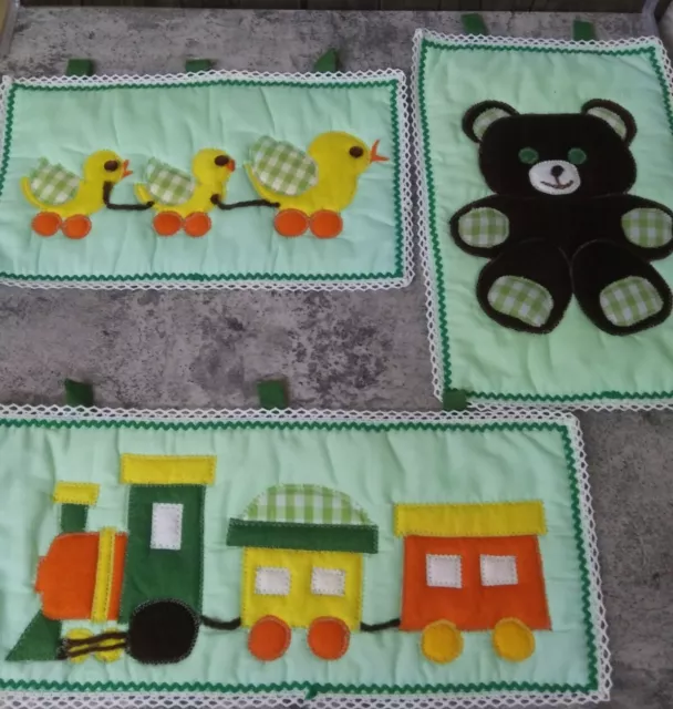 3-Vintage Handmade Appliqued Wall Hangings Unisex Baby Room Nursery Green Yellow