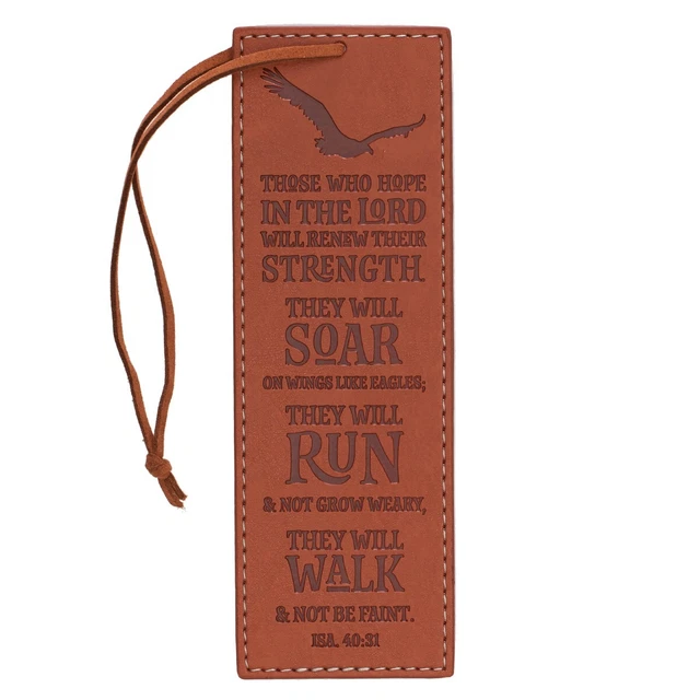 Brown Faux Leather Scripture Bookmark w/Ribbon: Hope In The Lord - Isaiah 40:31