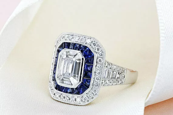 5Ct Moissanite Sapphire Art Deco Engagement Ring White Gold Plated