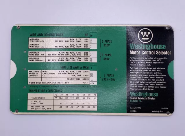 Vtg 1974 WESTINGHOUSE Motor Control Selector SA-550A Slide Rule Calculator EUC