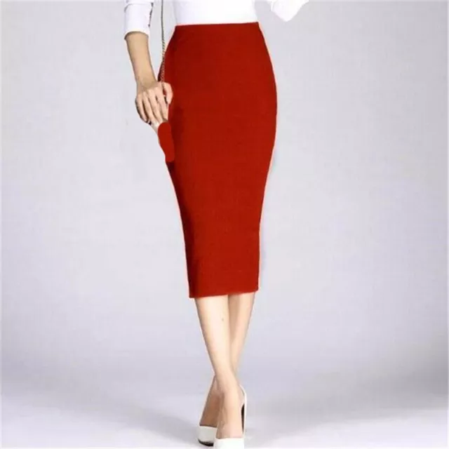 Midi Skirt Stretch Pencil Plain High Waisted Knee Length Bodycon Womens