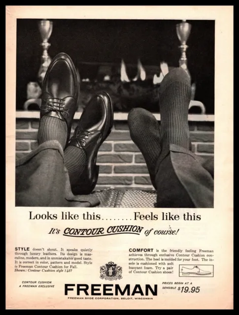 1962 Freeman Shoe Co. Beloit Wisconsin Contour Cushion Shoes Fireplace Print Ad