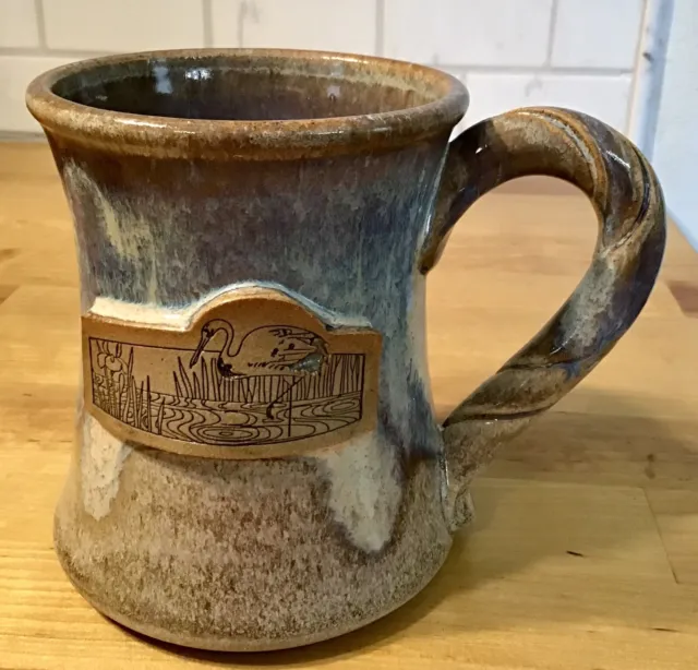 Stoneware Mug Crane Blue Heron Coffee Cup Pottery Handmade  glazed large