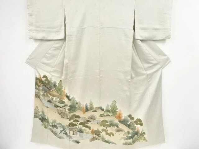 44694# Japanese Kimono / Antique Kimono / Embroidery / Scenery Of Temple