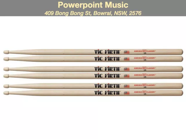 Vic Firth 5A American Classic Hickory Drumsticks Wood Tip 3 x Pairs