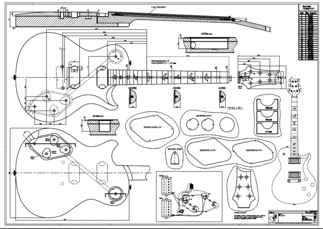 Gitarrenbau Zeichnung / Bauplan - z.B. für Fender Gibson PRS Reparatur