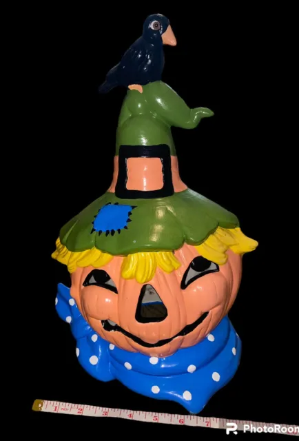 Vintage 19” Tall Halloween Ceramic Jack O Lantern Scarecrow Pumpkin Black Crow