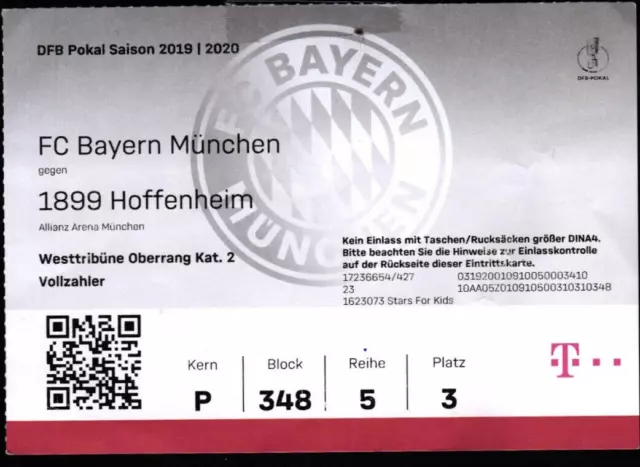 Biglietto Dfb-Coppa 2019/20 FC Bayern München - TSG 1899 Hoffenheim, 05.02.2020