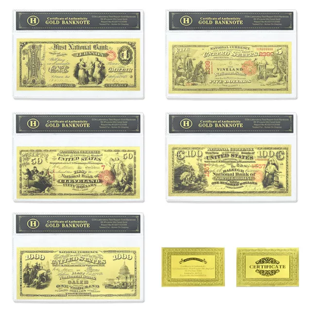 Real Gold Banknote Set USD 1000/100/50/20/10/5/2/1 Notes