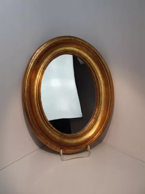 (K35) Antiker Spiegel Oval Blattgold Vergoldeter Holzrahmen 32,5cm x26 cm 2