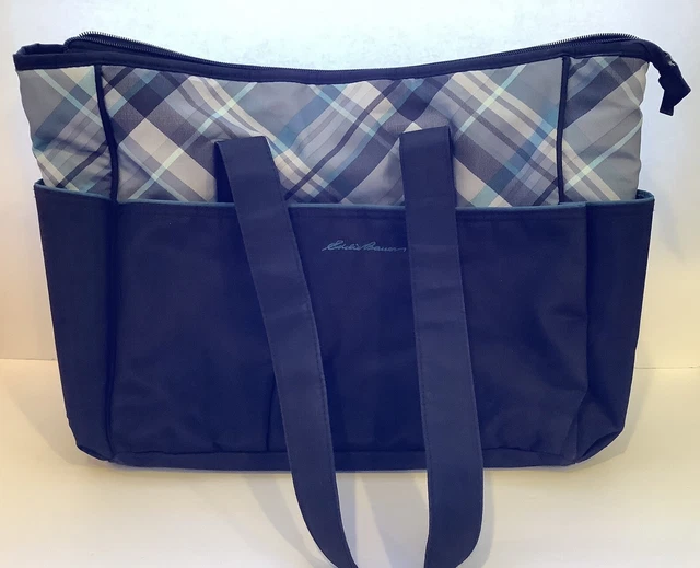 Eddie Bauer Sinclair Diaper Bag Tote Insulated Black Blue Plaid Pattern