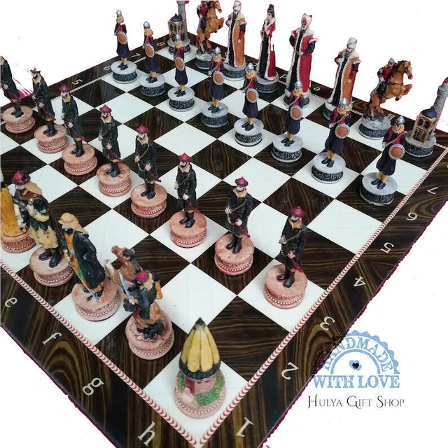 Chess Set Hungarian vs Ottoman Hand Painted Chess Pieces and Walnut Game Board 6