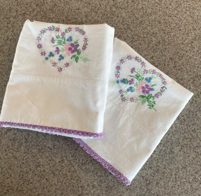 2 Vintage Hand Embroidered PILLOWCASES With TATTED EDGES Lavender hearts 31X 20"