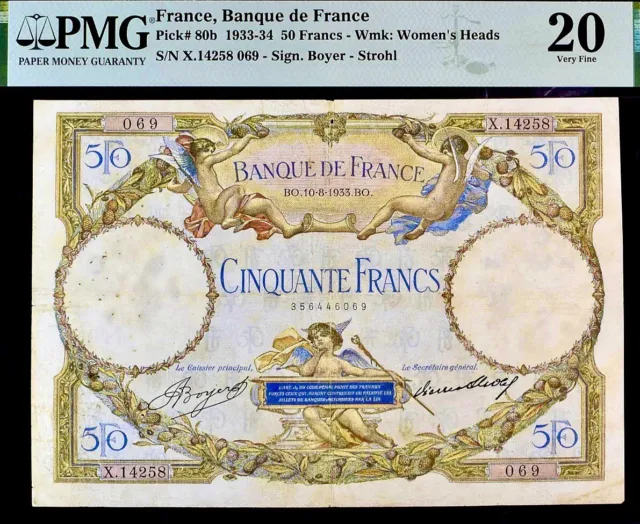 France 50 Francs Pick# 80b 1933-34 PMG 20 Very Fine Banknote