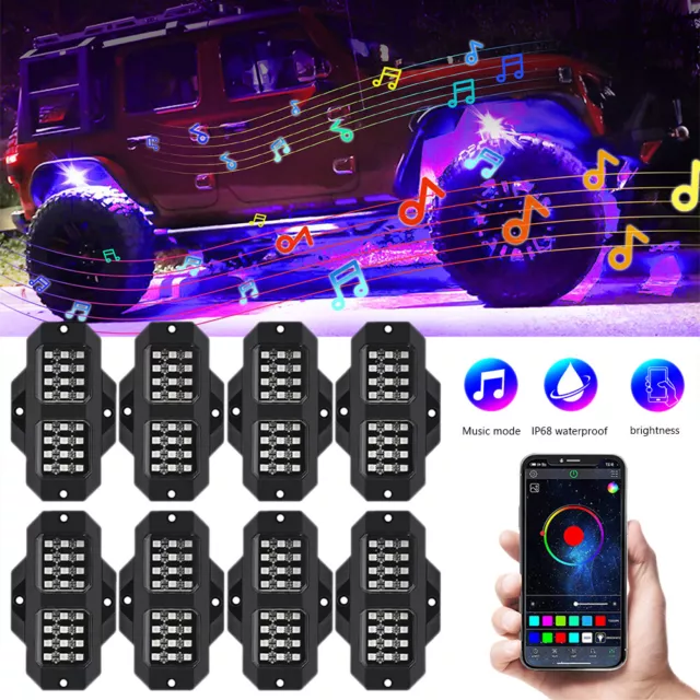 8 Pods RGB LED Rock Lights Kit Offroad Truck Underbody Neon Music Bluetooth APP