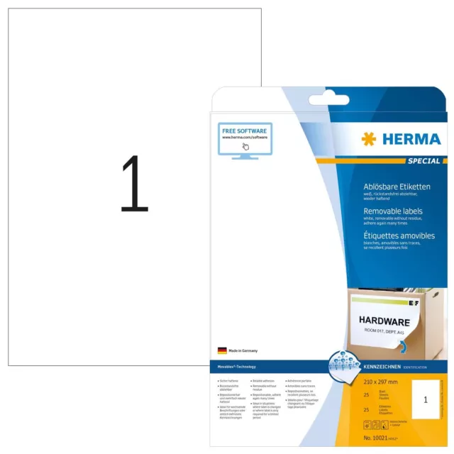 HERMA Self Adhesive Removable Multi-Purpose Labels, 1 Label Per A4 Sheet, 25 Lab