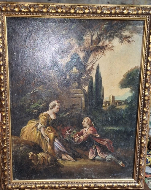Dipinto Ad Olio Su Tela Antico Scena Galante