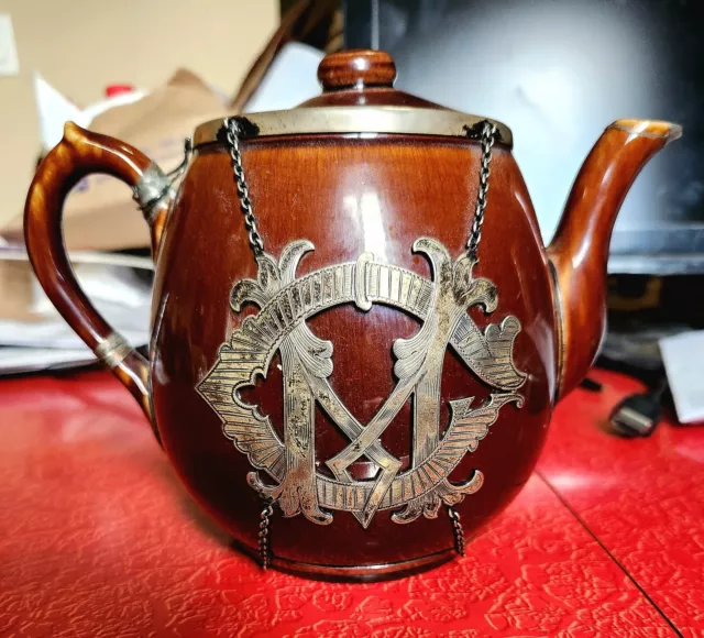 Victorian Brown Drip Teapot with Silver Mounts