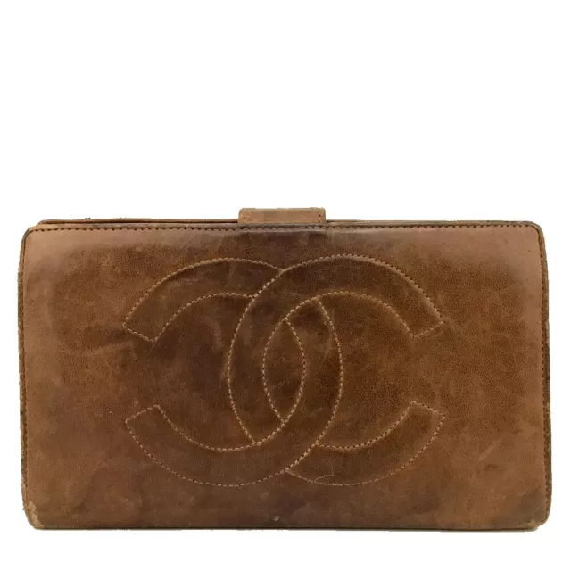 Billetera plegable de cuero marrón con logotipo de CHANEL CC/6X1354