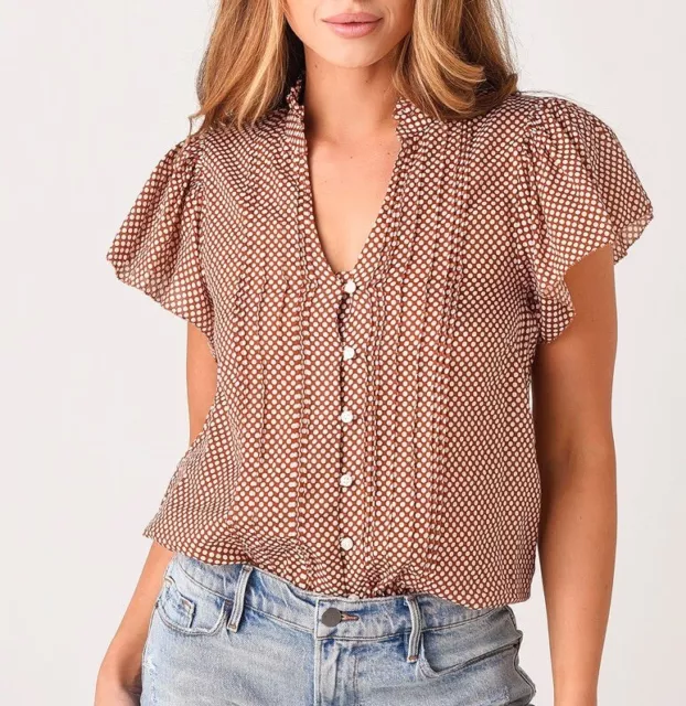 Trovata Birds Of Paradis Cate Brown Polka Dot Flutter Sleeve Blouse Top XS