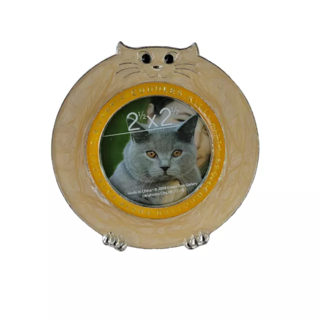 Cat Kitten Metal Enameled Yellow Metal Photo Picture Frame Round 2.5 by 2.5 pic