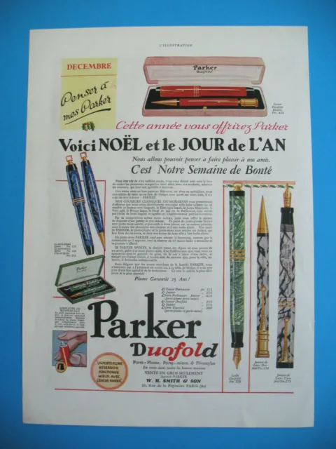 Publicite De Presse Parker Plexor Stylo Plume Pour Noel Et Le Jour De L'an 1930