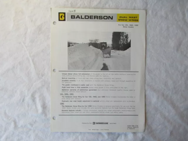 Balderson Snow Wings Specification Sheet Brochure Original for CAT Grader 12G