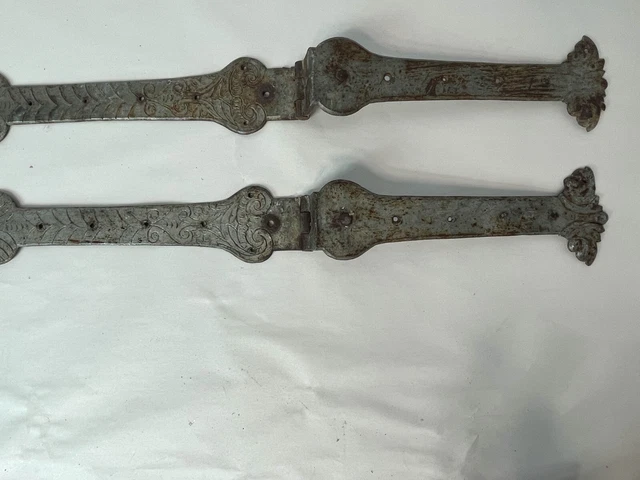Exceptional Pair Hand etched Forged decorative Wrought Iron Strap Hinges Trunk
