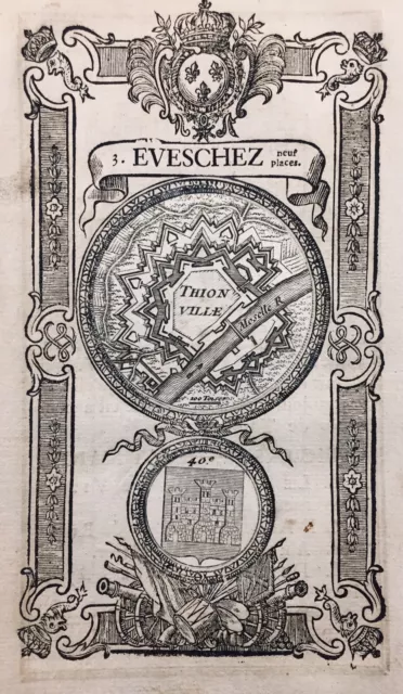 Thionville en 1736 Moselle Lorraine Rare Gravure ancienne Héraldique Blason