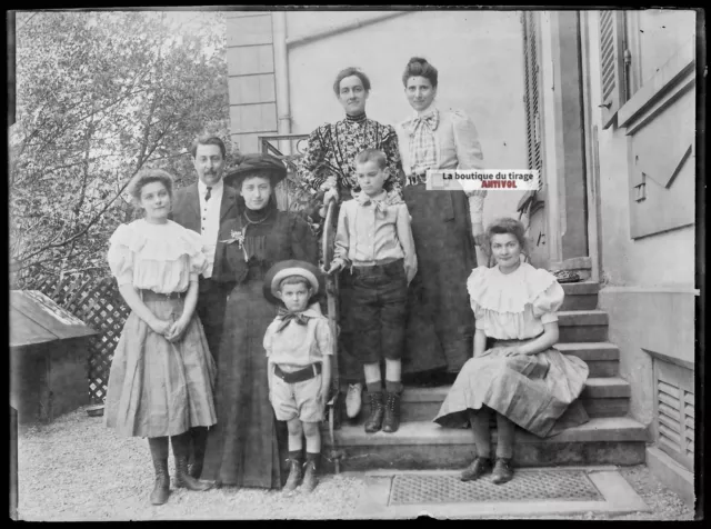 Plaque verre photo ancienne négatif noir et blanc 13x18 cm famille France maison