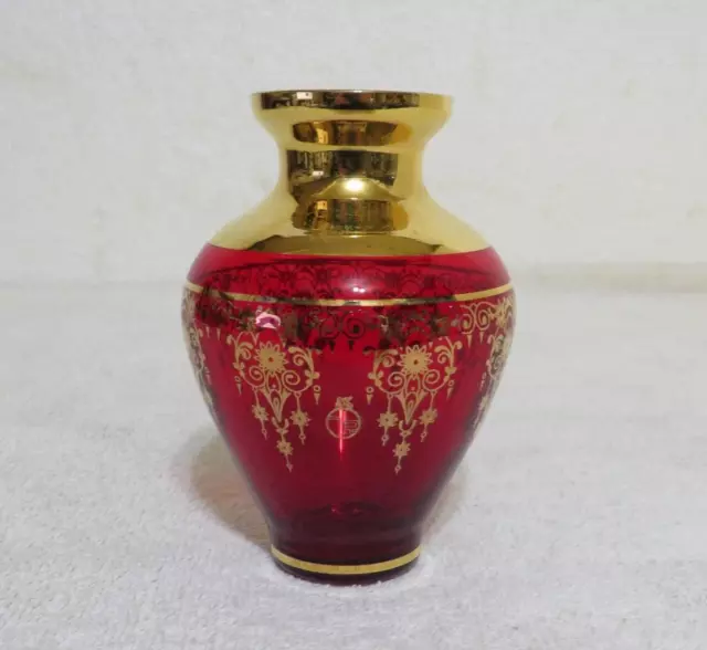 VECCHIA: Vtg Murano Italy Art Glass Ruby Red & 24K Gold Trim Chandelier Vase
