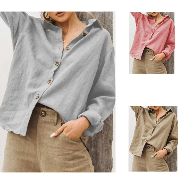Linen Blouse Tops Casual Elegant Long Sleeve Tunics Oversized Button Up