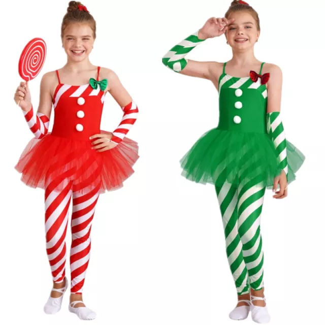 Kids Girls Christmas Dress Jumpsuits Candy Cane Striped Dance Leotard Costume