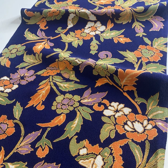 Vintage Japanese Kimono Silk Fabric, Dark Blue Crepe Floral Long Panel 163cm(64"